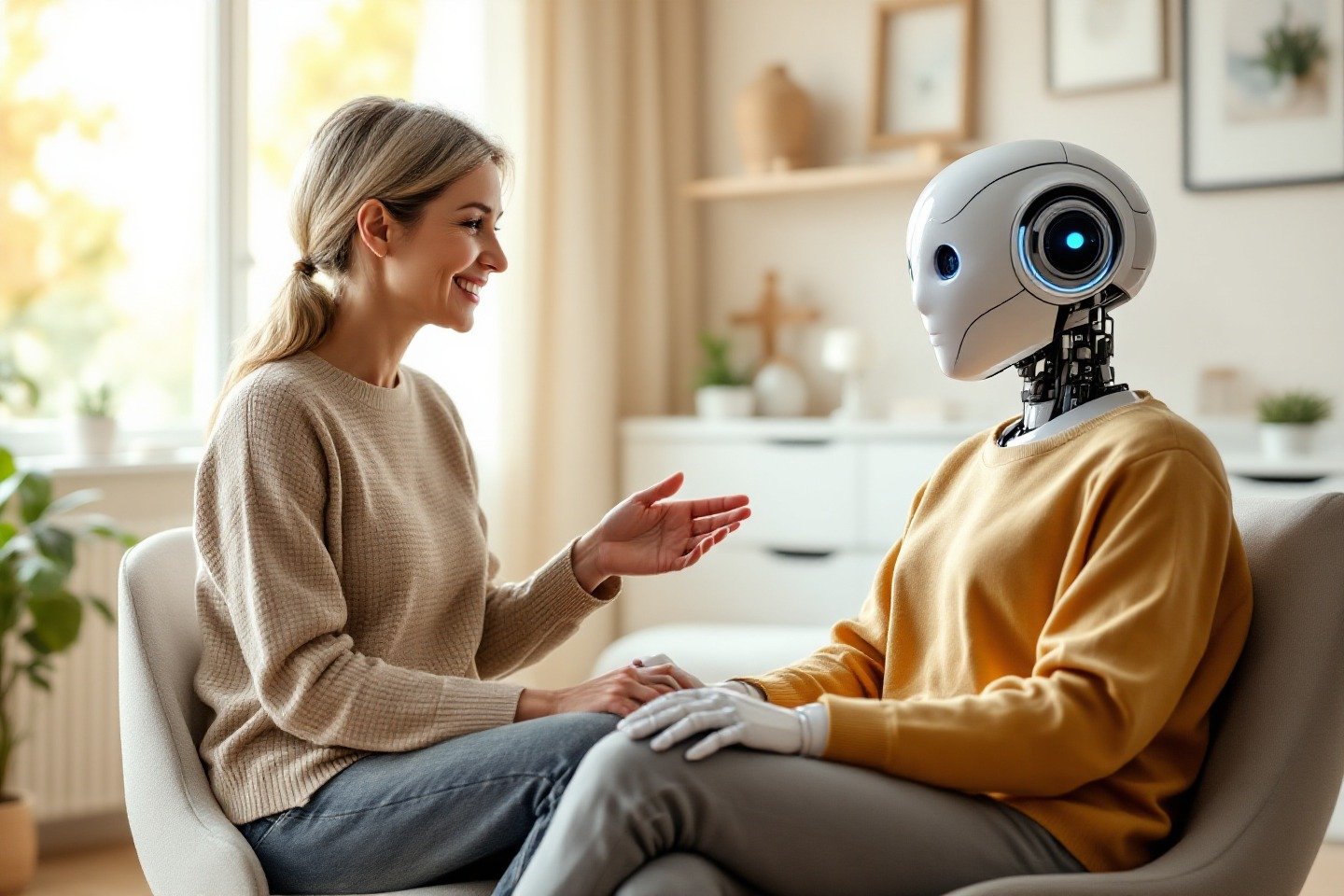 Eine Zeichnung eines menschlichen Therapeuten und eines KI-Roboters, die zusammenarbeiten, um einer Person zu helfen, und die Zusammenarbeit von KI in der psychischen Gesundheit veranschaulichen.