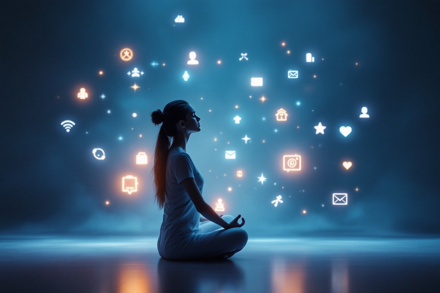 Eine Person in Meditationshaltung, umgeben von schwebenden digitalen Symbolen, die zeigt, wie ein KI-Psychologe bei Angststörungen beim Umgang mit digitalem Stress hilft.