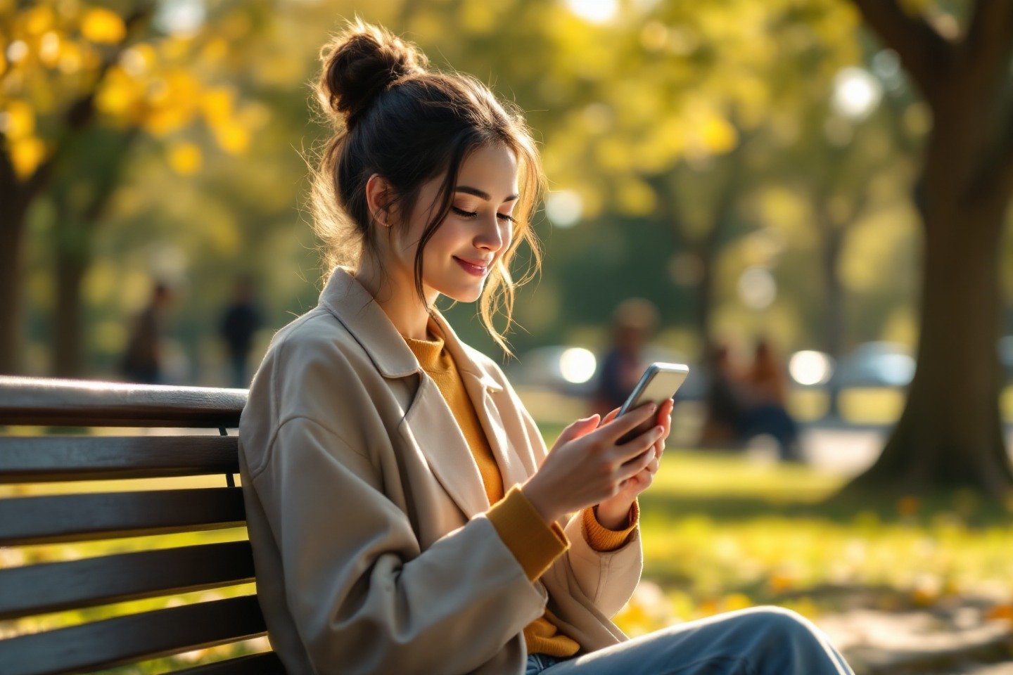 Eine Person in einer ruhigen Umgebung, die eine therapeutische KI-App auf ihrem Mobiltelefon nutzt, und die Verwendung des psychologischen Chatbots im Alltag veranschaulicht.